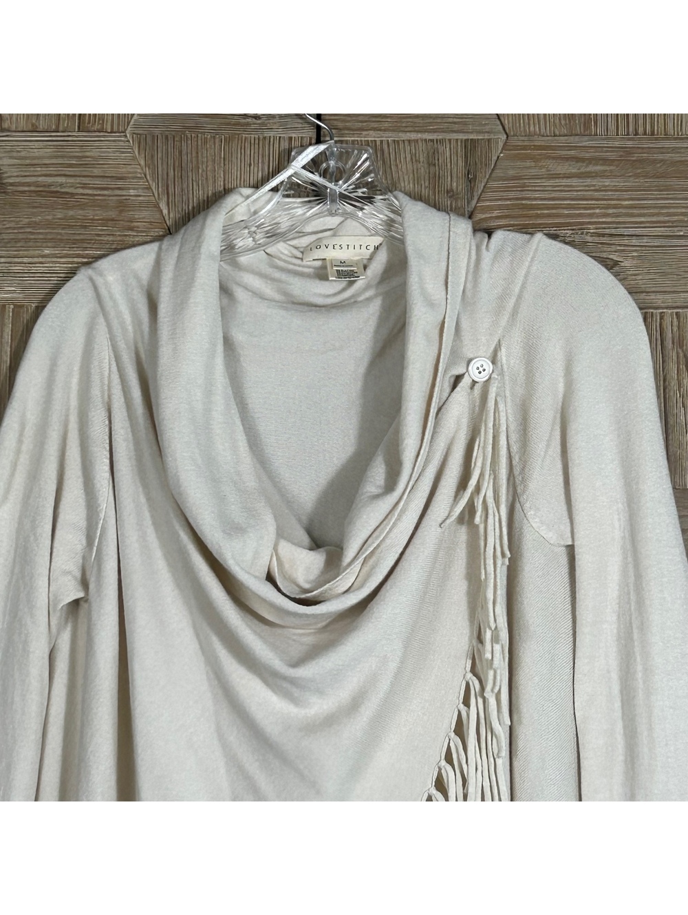 Lovestitch Off White Fringe Asymmetrical Draped Cowl Neck Wrap Cardigan Sweater - Picture 3 of 8